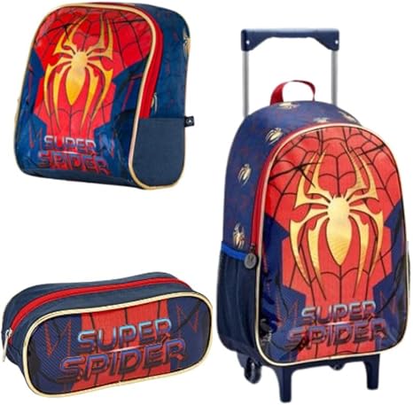 Kit Mochila Escolar de Rodinha Mala + Lancheira Térmica +Estojo Super Aranha Spider