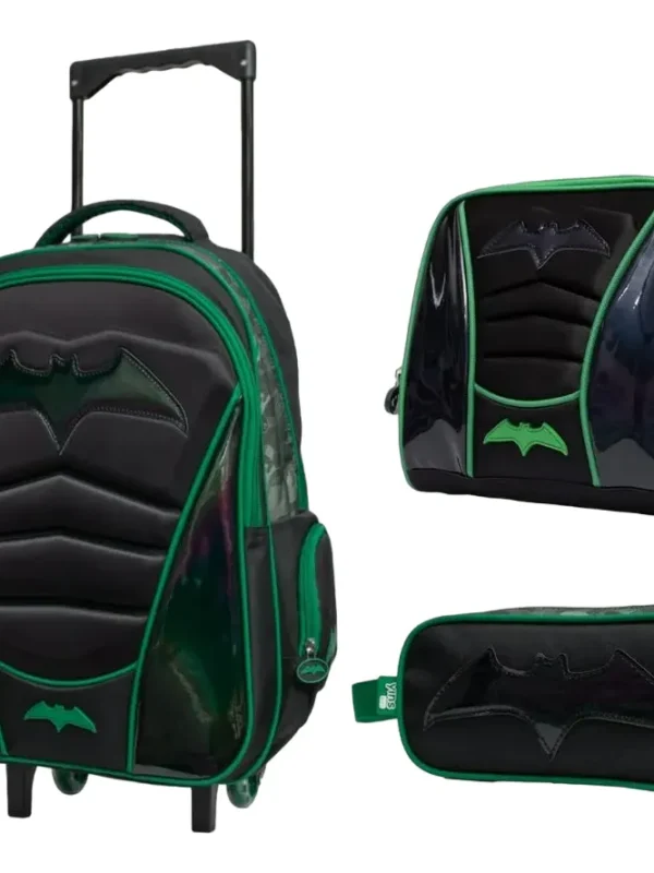 Kit Mochila Escolar Infantil Yins de Rodinhas com Lancheira e Estojo em Pvc Holografico Batman Verde