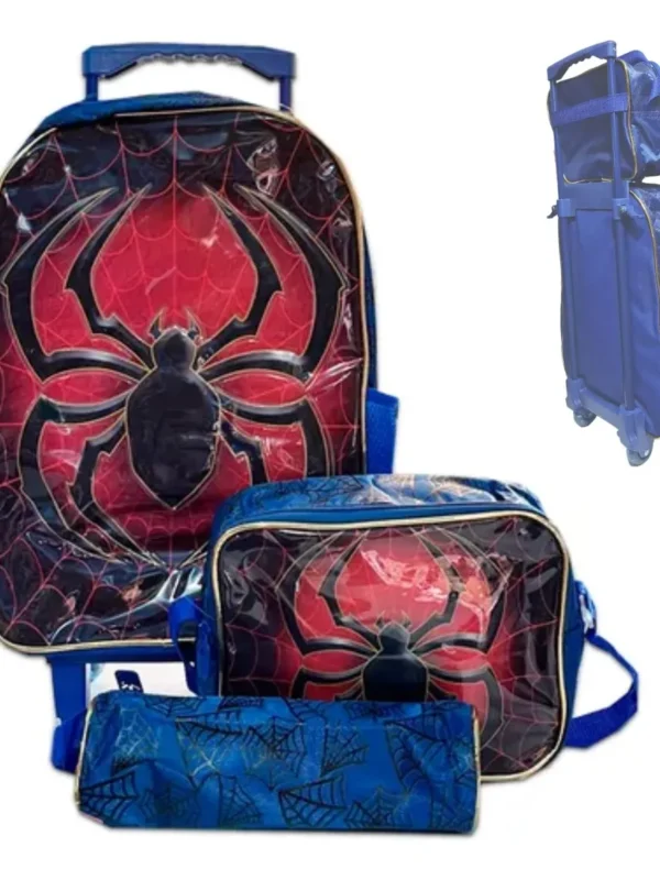 Kit Mochila Escolar Rodinha Homem Aranha Lancheira e Estojo Azul Homem Aranha
