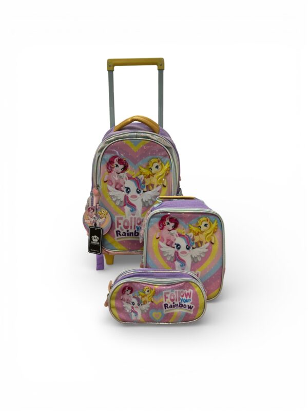 Kit Mochila Rodinha Lancheira Estojo Unicornio Follow Rainbown