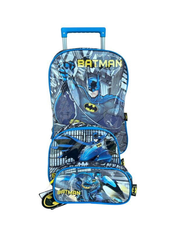 Kit Mochila de Rodinhas Lancheira + Estojo Luxcel Batman - Azul