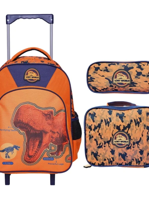 Kit Mochila de Rodinhas C/ Alças + Lancheira + Estojo Dinossauro Dino Lost Escolar Infantil - Yins