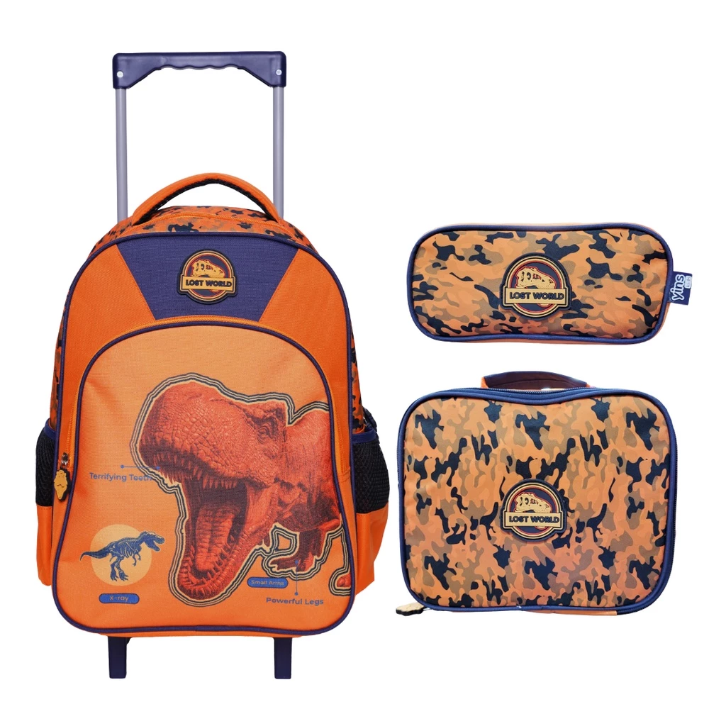 Kit Mochila de Rodinhas C/ Alças + Lancheira + Estojo Dinossauro Dino Lost Escolar Infantil - Yins
